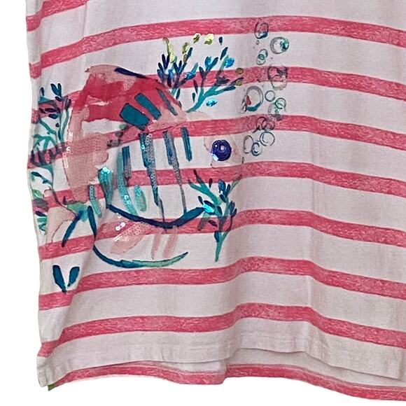 Nautical Pink White Stripes Tropical Fish Scoop Neck Blouse Woman's Size Large - Picture 5 of 7
